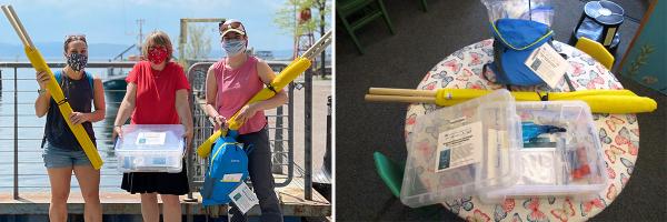 Ashley Eaton of Lake Champlain Sea Grant, Kate Belluche of Fletcher Free Library & Caroline Blake of Lake Champlain Sea Grant coordinated STEAM Kits and distribution to local libraries. Three woman hold STEAM Kit contents and kit contents spread on library table